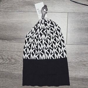 Michael Kors MK Logo Knit Beanie Hat & scarf set Black White O/S